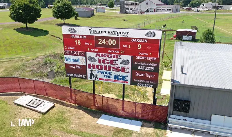 A scoreboard on football court